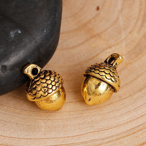 Picture of Zinc Based Alloy 3D Charms Acorn Gold Tone Antique Gold 14mm( 4/8") x 10mm( 3/8"), 20 PCs