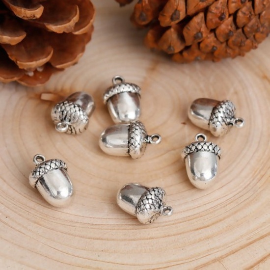 Picture of Zinc Based Alloy 3D Charms Acorn Antique Silver Color 17mm( 5/8") x 11mm( 3/8"), 10 PCs