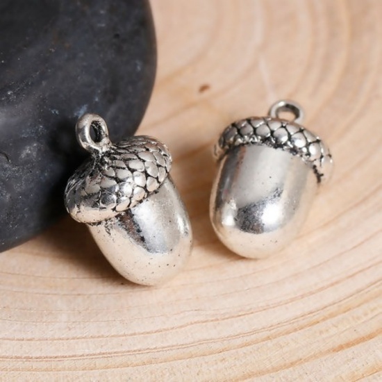 Picture of Zinc Based Alloy 3D Charms Acorn Antique Silver Color 17mm( 5/8") x 11mm( 3/8"), 10 PCs