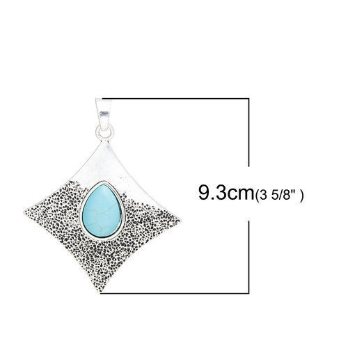 Picture of Zinc Based Alloy Boho Chic Pendants Rhombus Antique Silver Color Blue Imitation Turquoise 93mm(3 5/8") x 74mm(2 7/8"), 1 Piece