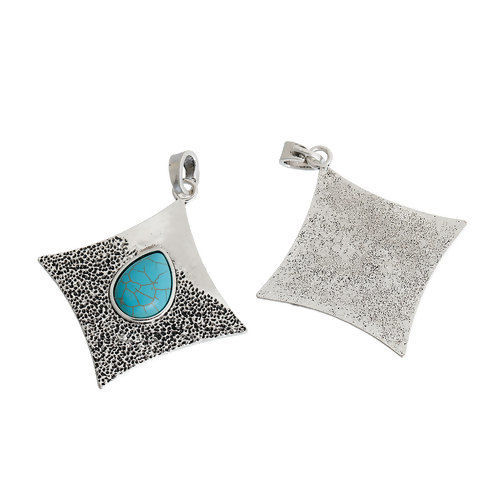 Picture of Zinc Based Alloy Boho Chic Pendants Rhombus Antique Silver Color Blue Imitation Turquoise 93mm(3 5/8") x 74mm(2 7/8"), 1 Piece