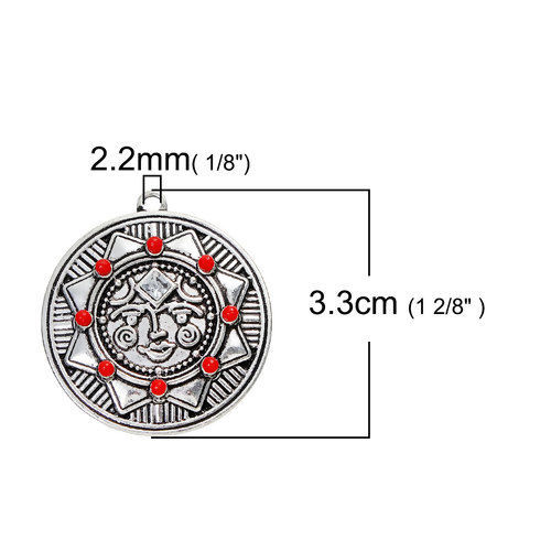 Picture of Zinc Based Alloy Pendants Round Antique Silver Color Sun Face Red Rhinestone 33mm(1 2/8") x 30mm(1 1/8"), 3 PCs