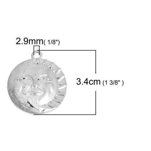 Picture of Zinc Based Alloy Pendants Round Silver Tone Sun And Moon Face 34mm(1 3/8") x 30mm(1 1/8"), 3 PCs