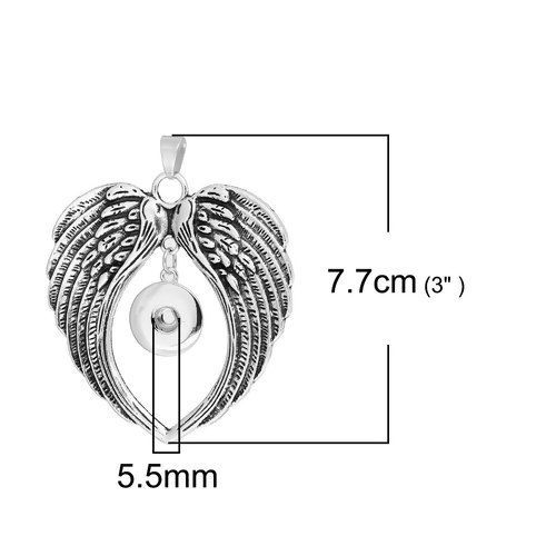 Picture of Zinc Based Alloy Snap Button Pendants Fit 18mm/20mm Snap Buttons Angel Wing Antique Silver Color Round 77mm(3") x 66mm(2 5/8"), Hole Size: 6mm( 2/8"), 1 Piece