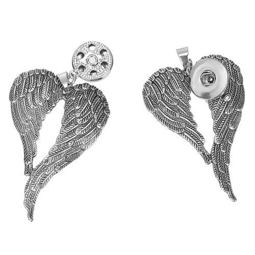 Picture of Zinc Based Alloy Snap Button Pendants Fit 18mm/20mm Snap Buttons Angel Wing Antique Silver Color Round 75mm(3") x 47mm(1 7/8"), Hole Size: 6mm( 2/8"), 1 Piece