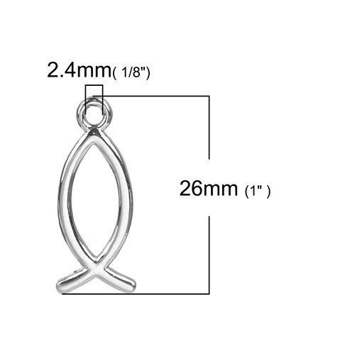 Bild von Messing Charms Jesus/ Christian Fisch Ichthus Silberfarbe Hohl 26mm x 11mm, 2 Stück