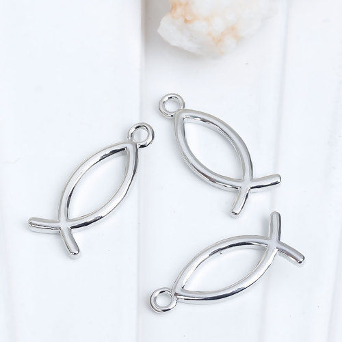 Picture of Brass Charms Jesus/ Christian Fish Ichthys Silver Tone Hollow 26mm(1") x 11mm( 3/8"), 2 PCs