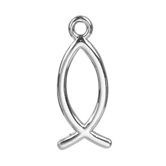 Picture of Brass Charms Jesus/ Christian Fish Ichthys Silver Tone Hollow 26mm(1") x 11mm( 3/8"), 2 PCs