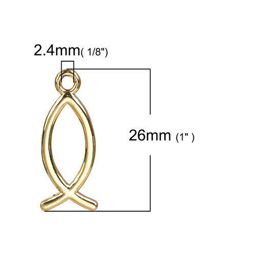 Picture of Brass Charms Jesus/ Christian Fish Ichthys Gold Plated Hollow 26mm(1") x 11mm( 3/8"), 2 PCs