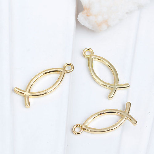 Picture of Brass Charms Jesus/ Christian Fish Ichthys Gold Plated Hollow 26mm(1") x 11mm( 3/8"), 2 PCs