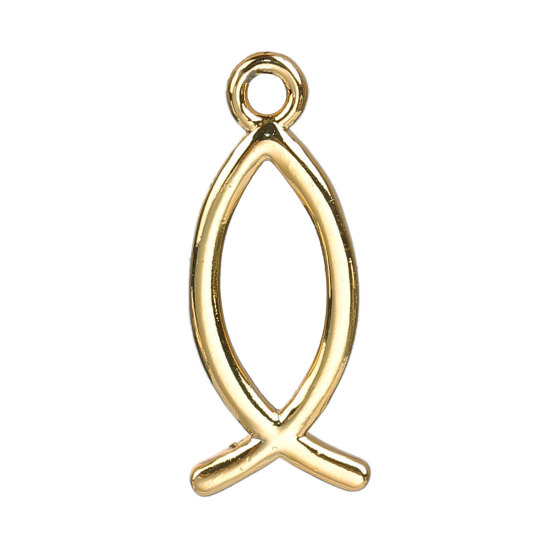 Picture of Brass Charms Jesus/ Christian Fish Ichthys Gold Plated Hollow 26mm(1") x 11mm( 3/8"), 2 PCs