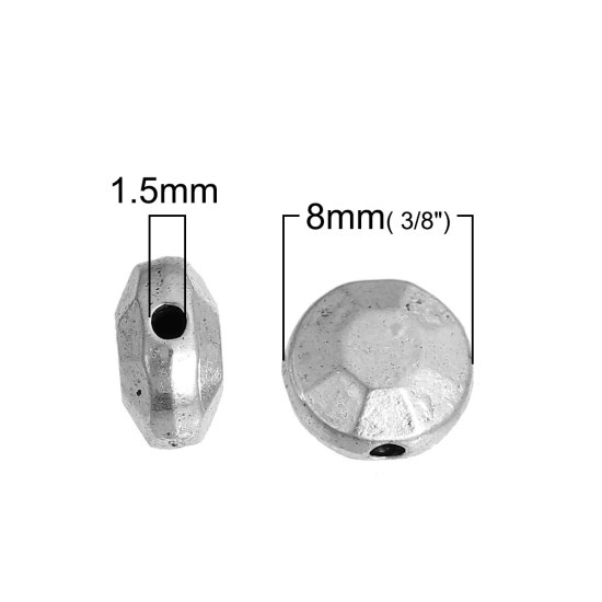 Image de Perles en Alliage de Zinc Plat-Rond Argent Vieilli à Facettes 8mm Dia, Taille de Trou: 1.5mm, 50 Pcs
