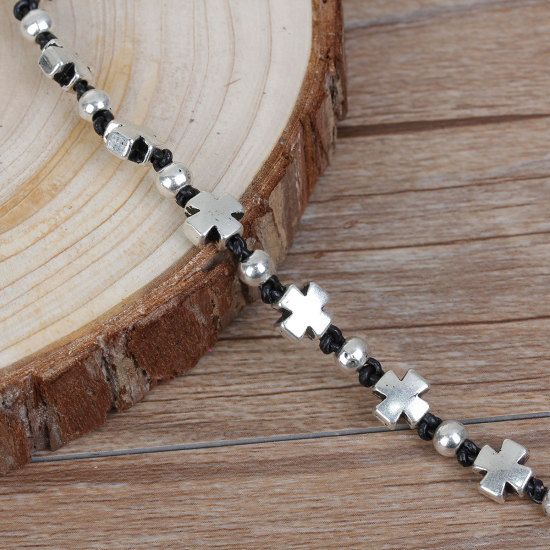 Picture of Hand Made Beaded Bracelets Antique Silver Color Black Cross 20cm(7 7/8") long, 1 Piece