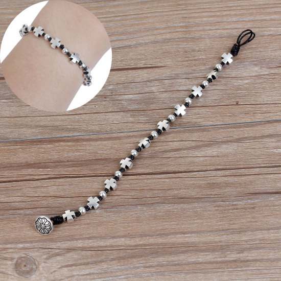 Image de Bracelet Perle Fait Main Argent Vieilli Noir Croix 20cm long, 1 Pièce