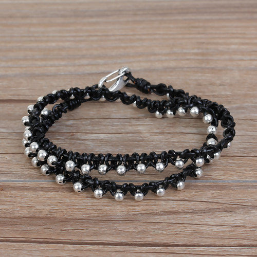 Picture of Hand Made Double Layer Braided Beaded Bracelets Antique Silver Color Black 41cm(16 1/8") long, 1 Piece