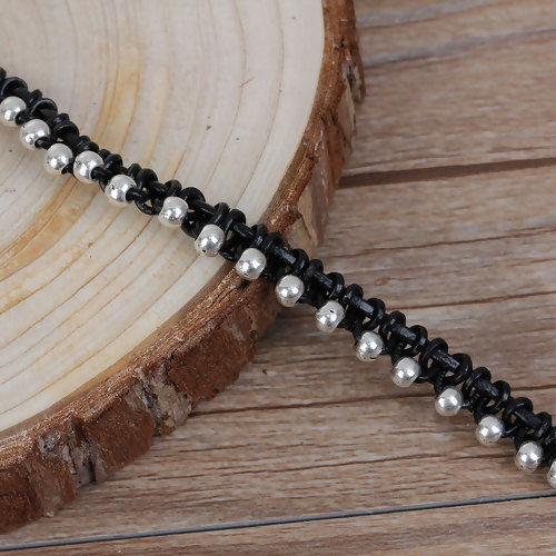 Bild von Handgemacht Doppelschicht geflochten Perlen Wickelarmband Antiksilber Schwarz 41cm lang, 1 Strang