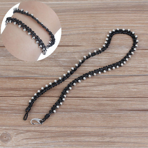 Image de Bracelet Perle Fait Main Double Couche Argent Vieilli Noir 41cm long, 1 Pièce