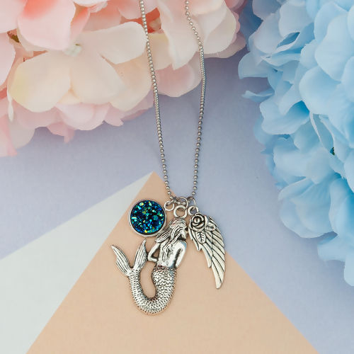 Picture of Royal Blue AB Color Resin Druzy/ Drusy Necklace Antique Silver Color Flower Wing Mermaid Round 57cm(22 4/8") long, 1 Piece