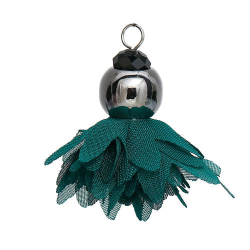 Изображение Полиэстер Шлифованный Подвески кисточка Цветок Вороненая сталь Темно-зеленый 40мм x 40мм, 3 ШТ