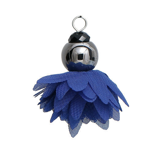 Picture of Polyester Tassel Pendants Flower Gunmetal Deep Blue About Faceted 40mm(1 5/8") x 40mm(1 5/8"), 3 PCs