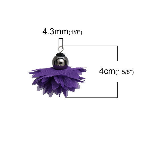 Picture of Polyester Tassel Pendants Flower Gunmetal Purple About Faceted 40mm(1 5/8") x 40mm(1 5/8"), 3 PCs