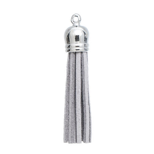 Picture of Polyester Faux Suede Tassel Pendants Silver Tone Gray About 59mm(2 3/8") x 12mm( 4/8"), 10 PCs