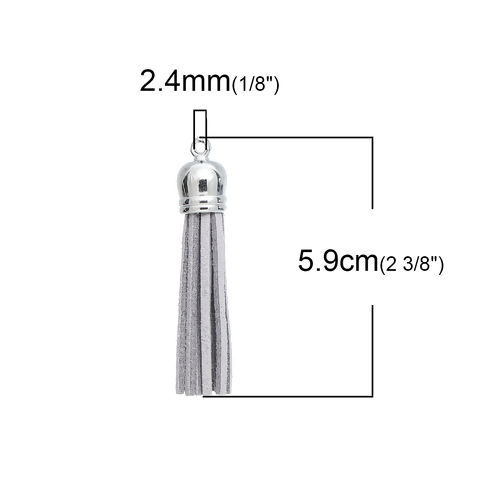 Picture of Polyester Faux Suede Tassel Pendants Silver Tone Gray About 59mm(2 3/8") x 12mm( 4/8"), 10 PCs
