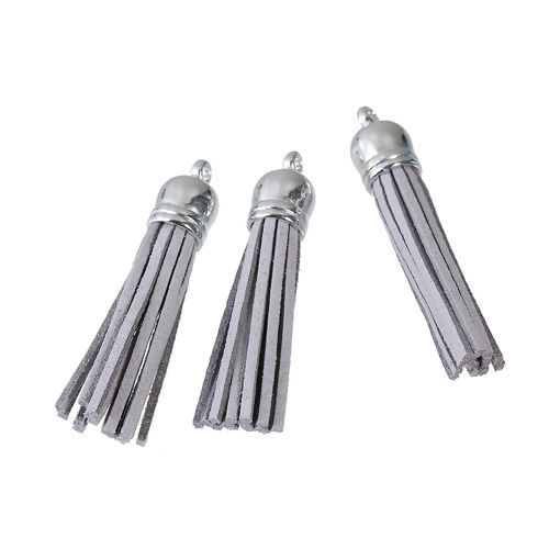 Picture of Polyester Faux Suede Tassel Pendants Silver Tone Gray About 59mm(2 3/8") x 12mm( 4/8"), 10 PCs