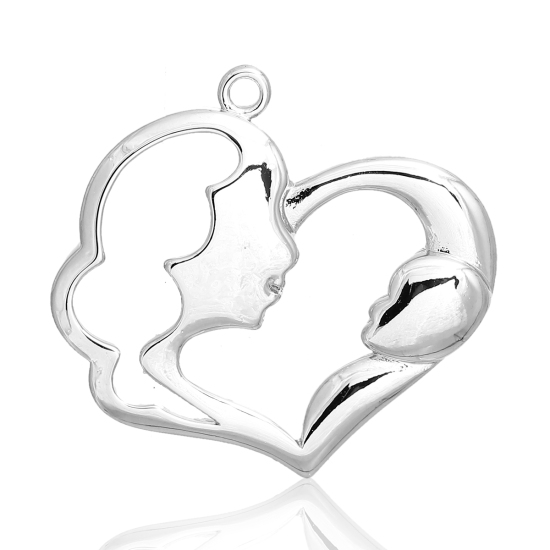 Picture of Brass Pendants Mother And Child Silver Tone Heart Hollow 31mm(1 2/8") x 29mm(1 1/8"), 1 Piece                                                                                                                                                                 