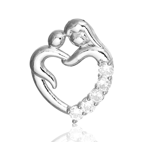 Picture of Brass Charms Mother And Child Silver Tone Heart Clear Rhinestone Hollow 28mm(1 1/8") x 18mm( 6/8"), 1 Piece                                                                                                                                                   