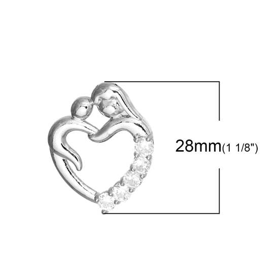 Picture of Brass Charms Mother And Child Silver Tone Heart Clear Rhinestone Hollow 28mm(1 1/8") x 18mm( 6/8"), 1 Piece                                                                                                                                                   
