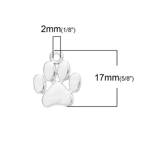 Image de 2 Pcs Breloques Mémorial d'Animaux Domestiques en Laiton Argent Mat Empreinte de Patte 17mm x 14mm