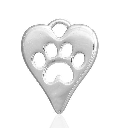 Picture of Brass Charms Heart Silver Tone Bear Paw Print Hollow 14mm( 4/8") x 11mm( 3/8"), 2 PCs                                                                                                                                                                         