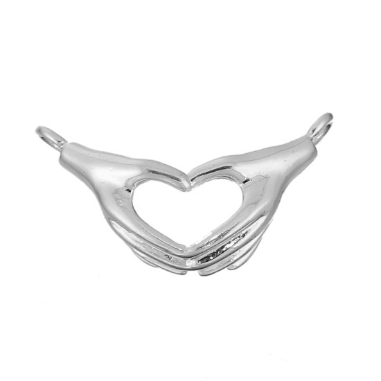 Picture of Brass Connectors Hand Silver Plated Heart 21mm( 7/8") x 12mm( 4/8"), 2 PCs                                                                                                                                                                                    
