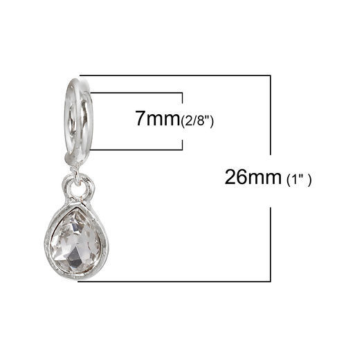 Picture of Brass Charms Drop Silver Tone Clear Rhinestone 26mm(1") x 11mm( 3/8"), 5 PCs