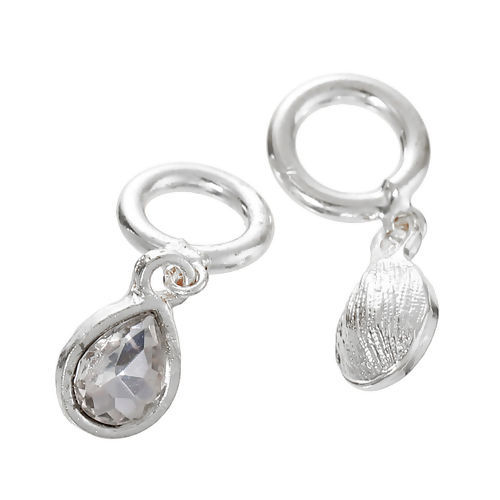 Picture of Brass Charms Drop Silver Tone Clear Rhinestone 26mm(1") x 11mm( 3/8"), 5 PCs