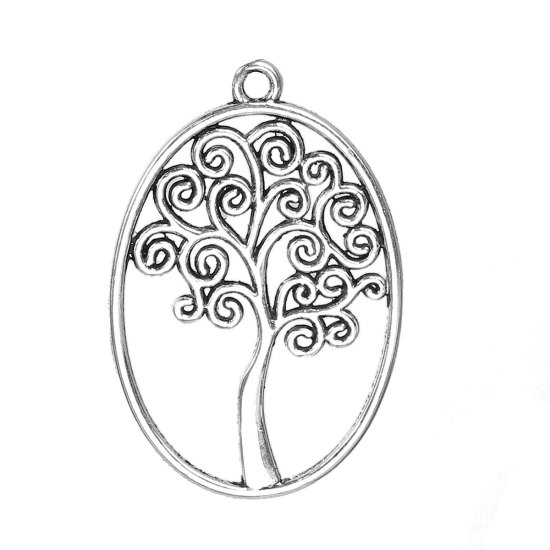 Bild von Zinklegierung Anhänger Rund Antiksilber Baum Hohl 40mm x 27mm 10 Stück