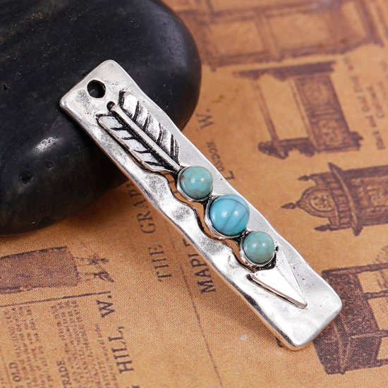 Picture of Zinc Based Alloy Boho Chic Pendants Rectangle Antique Silver Color Blue Arrowhead Imitation Turquoise 43mm(1 6/8") x 10mm( 3/8"), 3 PCs