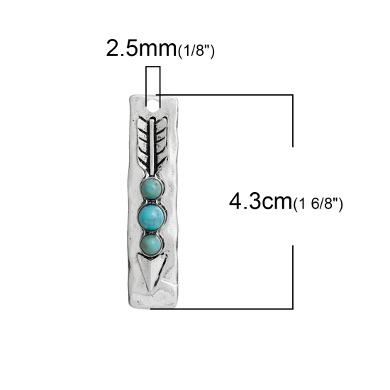 Picture of Zinc Based Alloy Boho Chic Pendants Rectangle Antique Silver Color Blue Arrowhead Imitation Turquoise 43mm(1 6/8") x 10mm( 3/8"), 3 PCs
