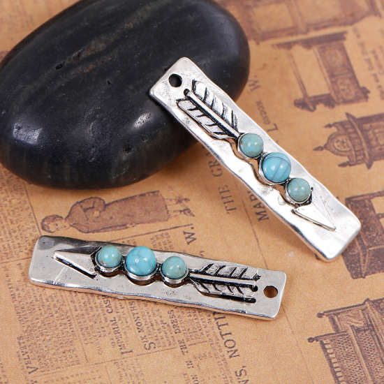 Picture of Zinc Based Alloy Boho Chic Pendants Rectangle Antique Silver Color Blue Arrowhead Imitation Turquoise 43mm(1 6/8") x 10mm( 3/8"), 3 PCs