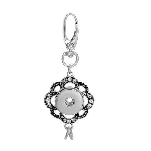Picture of Zinc Based Alloy Snap Button Keychain & Keyring Fit 18mm/20mm Snap Buttons Round Antique Silver Color Flower Clear Rhinestone 90mm(3 4/8") x 35mm(1 3/8"), Hole Size: 6mm( 2/8"), 1 Piece