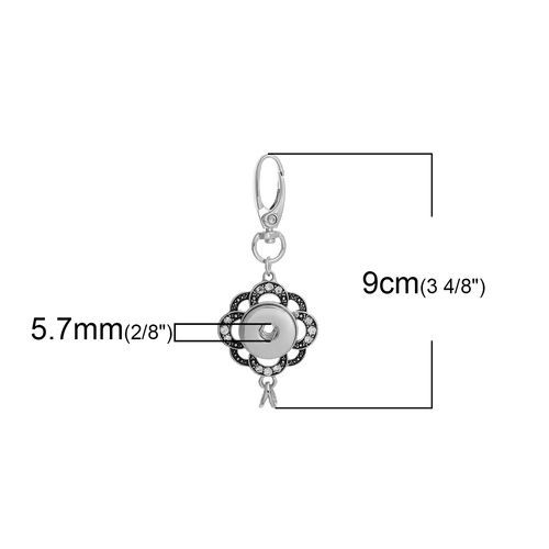 Picture of Zinc Based Alloy Snap Button Keychain & Keyring Fit 18mm/20mm Snap Buttons Round Antique Silver Color Flower Clear Rhinestone 90mm(3 4/8") x 35mm(1 3/8"), Hole Size: 6mm( 2/8"), 1 Piece