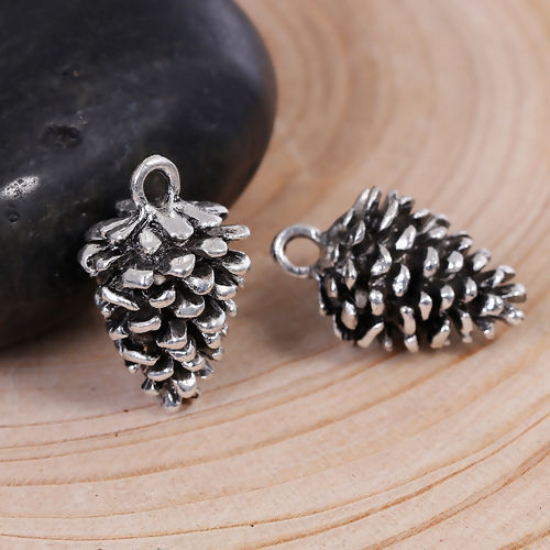 Image de Pendentif en Alliage de Zinc 3D Pomme de Pin Argent Vieilli 34mm x 23mm, 5 Pcs