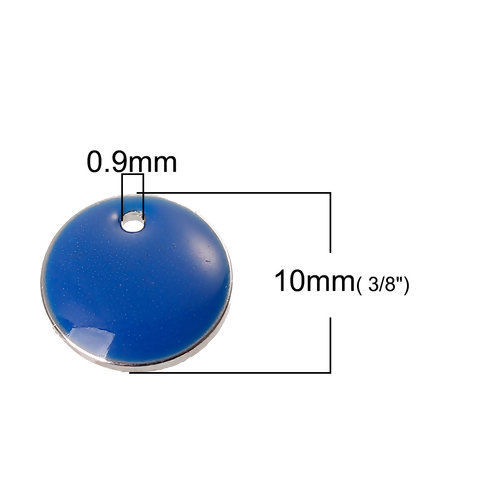 Изображение 5 ШТ Латунь Эмалированные Блестки Подвески Серебряный Тон Темно-синий Круглые С Эмалью 10мм диаметр