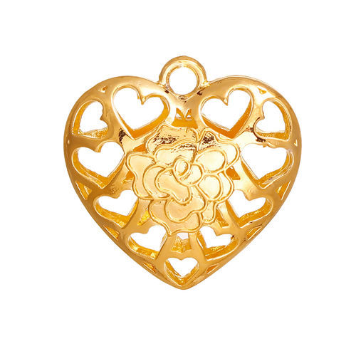 Bild von Zinklegierung Anhänger Herz Vergoldet Filigran Hohl 3.5cm x 3.5cm 2 Stück