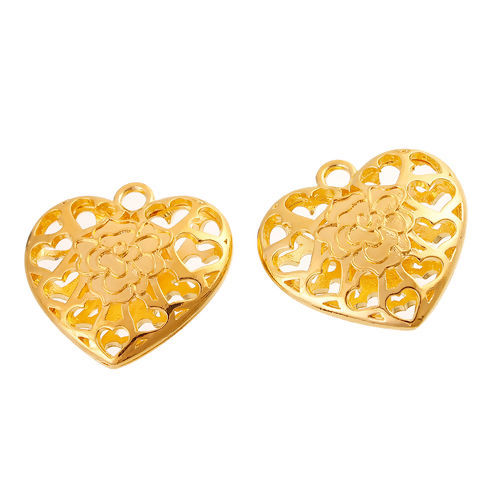 Bild von Zinklegierung Anhänger Herz Vergoldet Filigran Hohl 3.5cm x 3.5cm 2 Stück