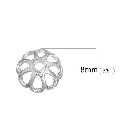 Bild von Zinklegierung Filigran Perlkappen Blumen Silberfarbe Hohl (für 8mm D Perlen) 8mm x 8mm 10 Stück
