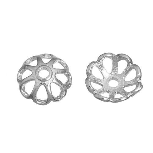 Bild von Zinklegierung Filigran Perlkappen Blumen Silberfarbe Hohl (für 8mm D Perlen) 8mm x 8mm 10 Stück