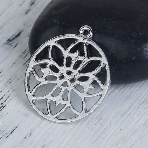 Picture of Zinc Based Alloy Buddhism Mandala Charms Round Silver Tone Hollow 24mm(1") x 21mm( 7/8"), 10 PCs