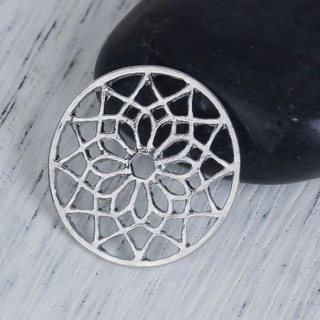 Picture of Zinc Based Alloy Buddhism Mandala Embellishments Round Silver Tone Hollow 25mm(1") Dia, 10 PCs